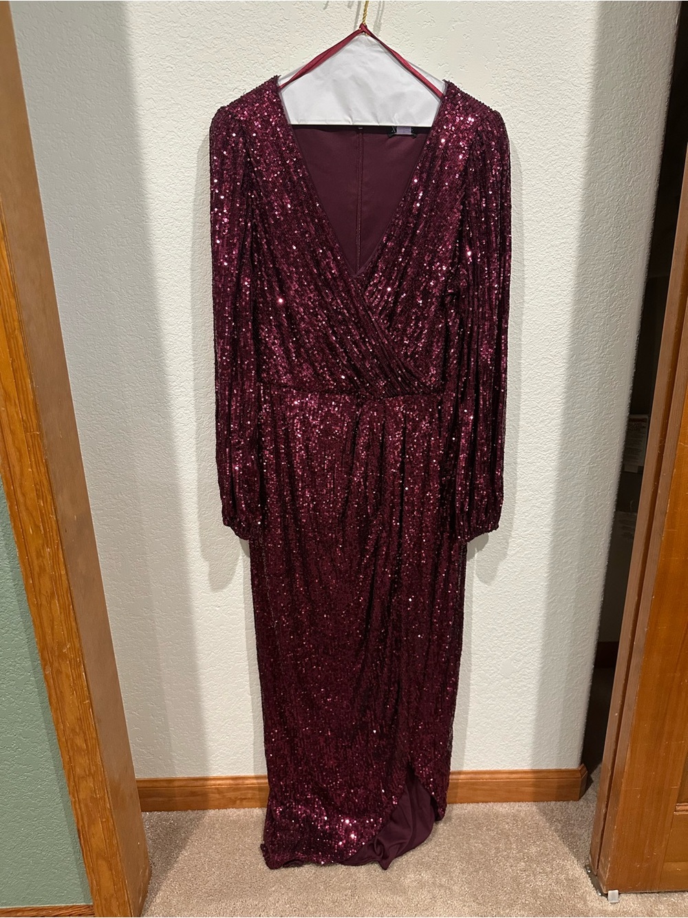 Xscape Burgundy Sequin Long Sleeve Wrap Gown